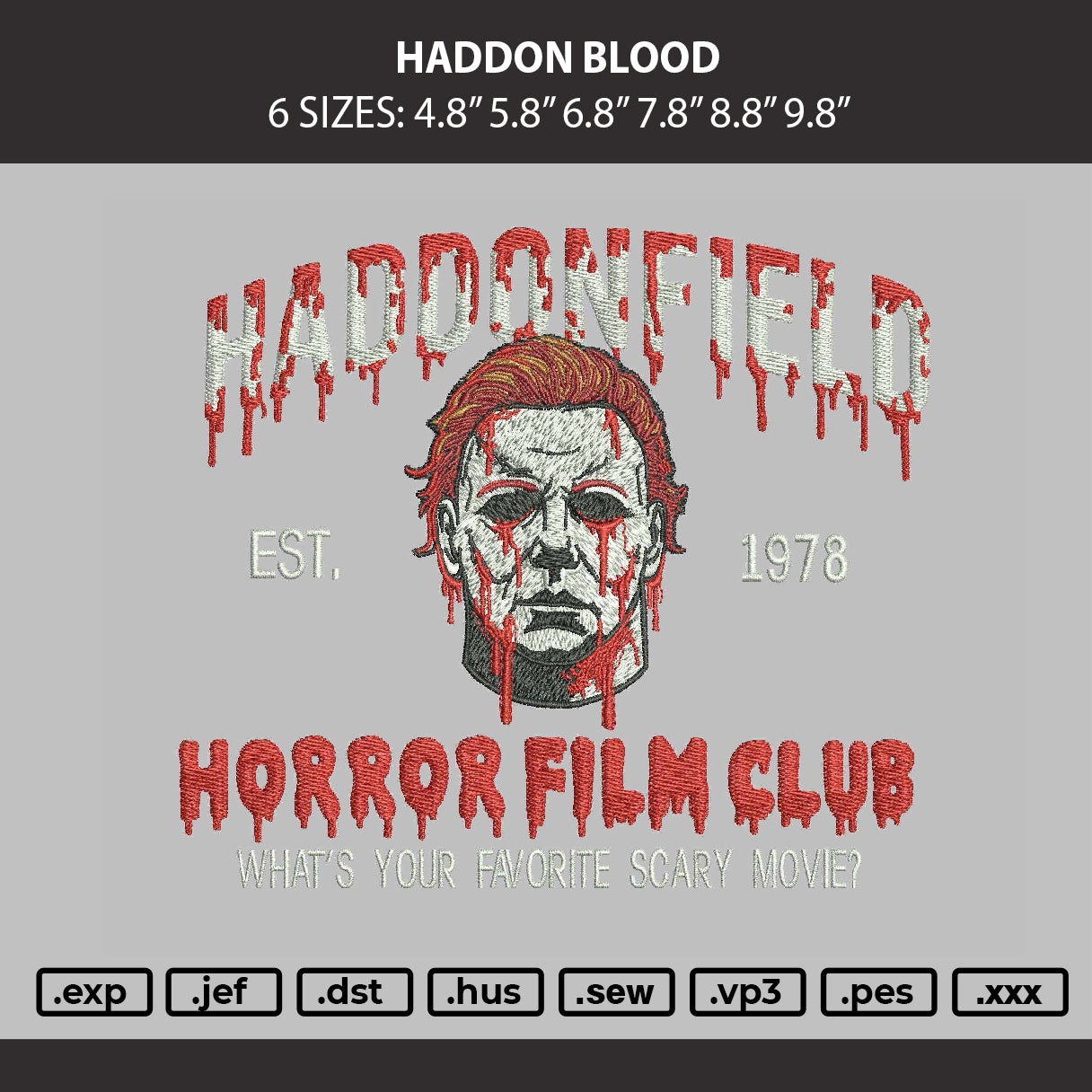 Haddon Blood Embroidery Machine Design File 6 sizes