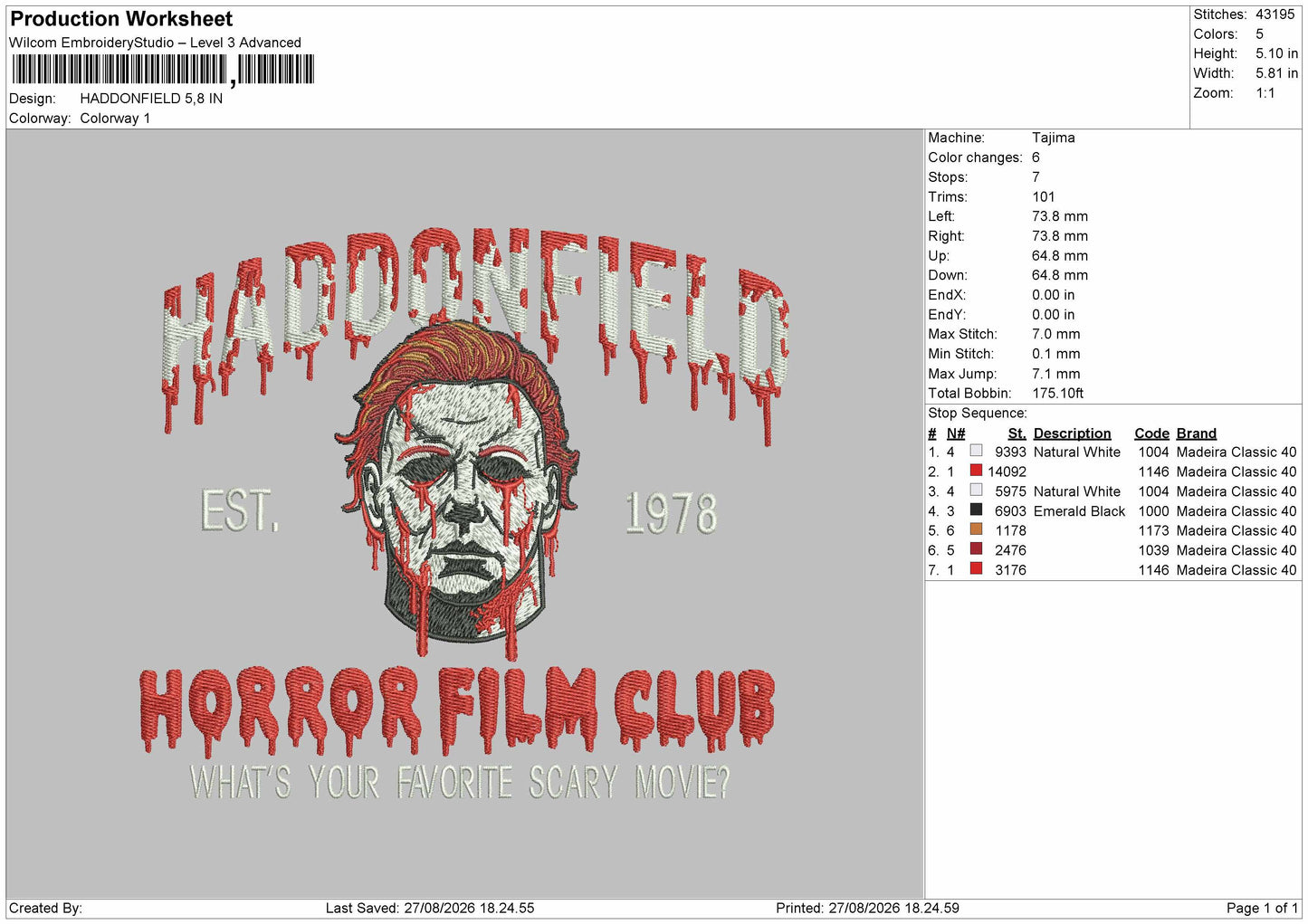 Haddon Blood Embroidery Machine Design File 6 sizes