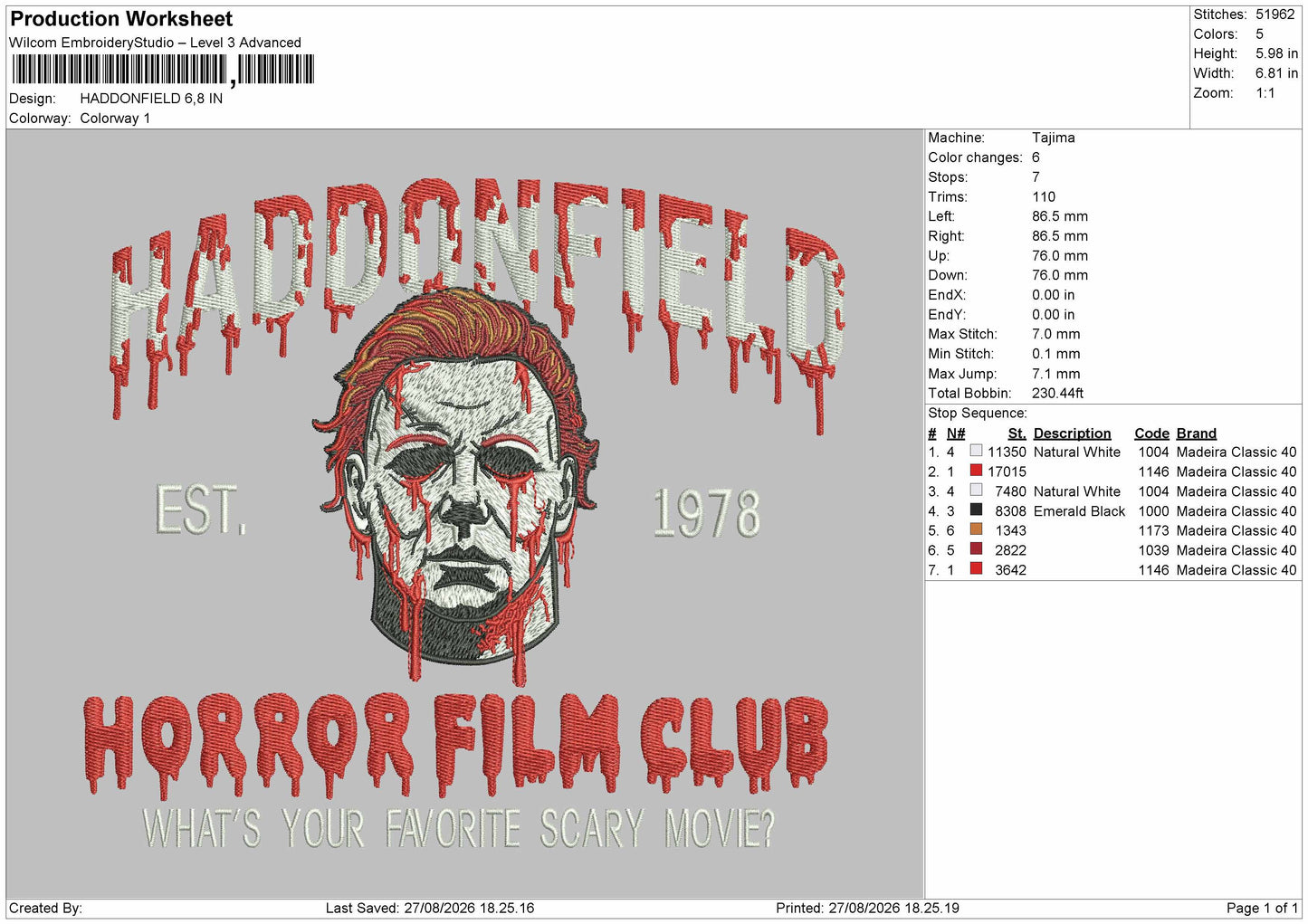 Haddon Blood Embroidery Machine Design File 6 sizes