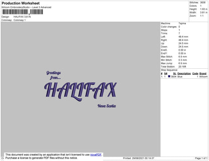 Halifax Embroidery File 4 size