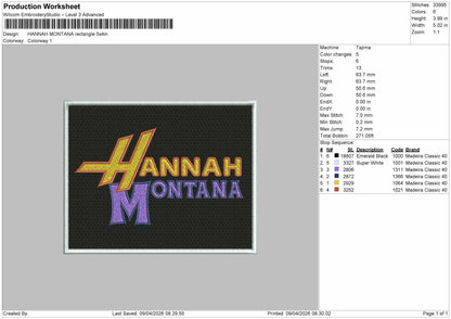 Hannah montana Rectangle Embroidery File 3 sizes