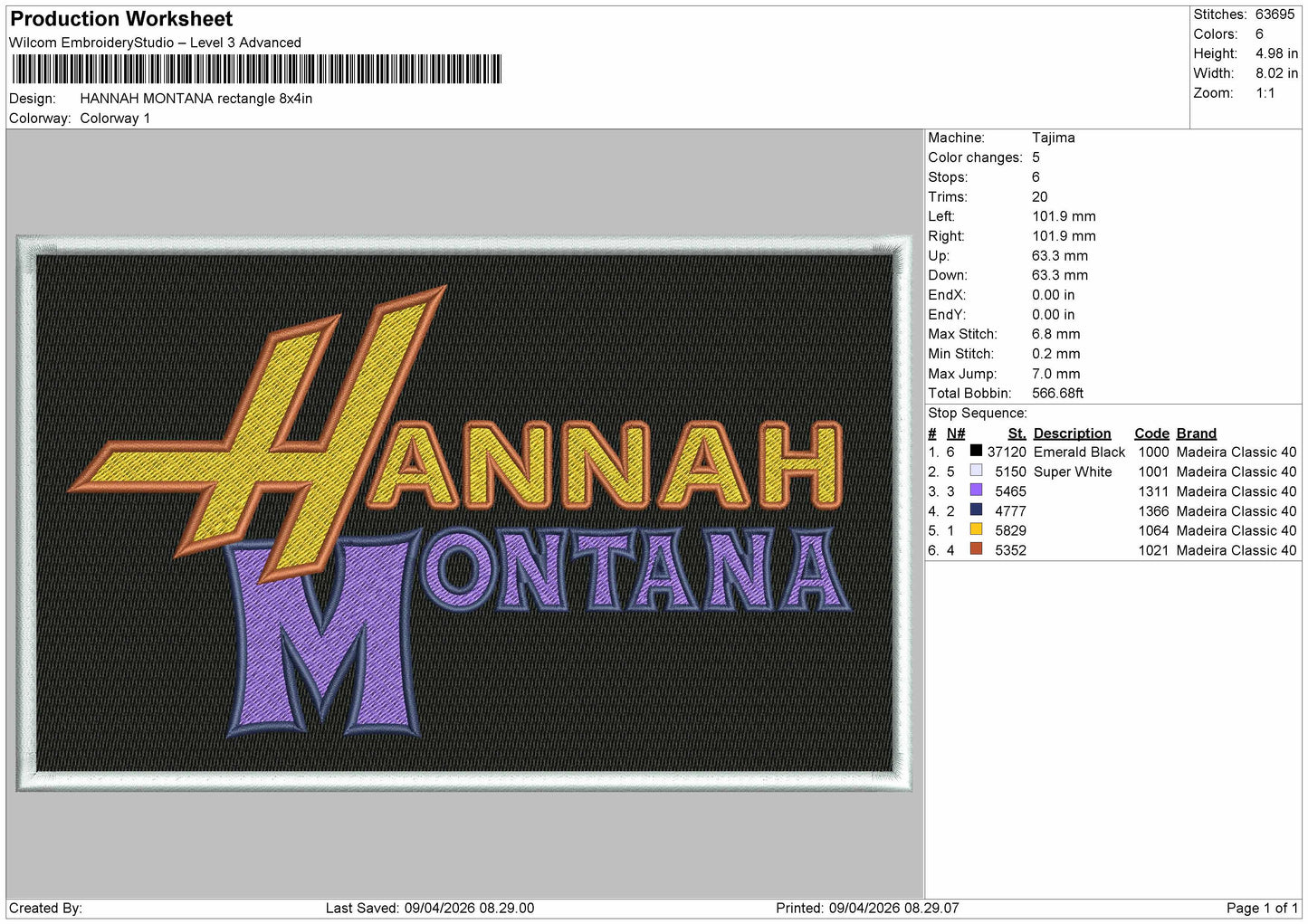 Hannah montana Rectangle Embroidery File 3 sizes