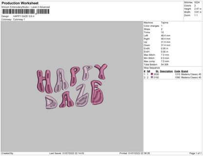 Happy Daze Embroidery File 4 sizes