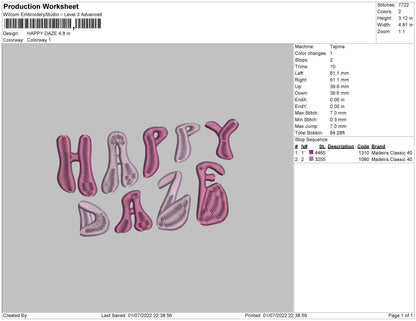 Happy Daze Embroidery File 4 sizes