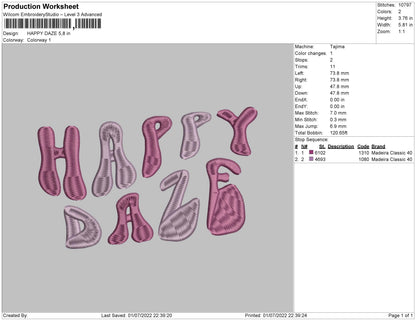 Happy Daze Embroidery File 4 sizes