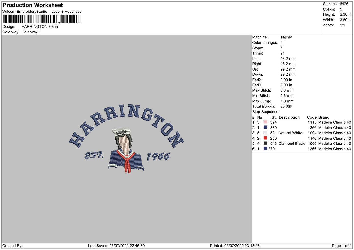 Harrington Embroidery File 4 sizes