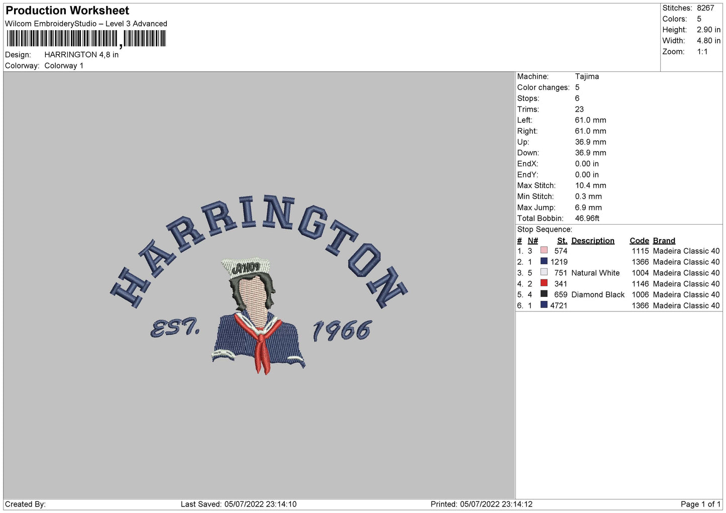 Harrington Embroidery File 4 sizes