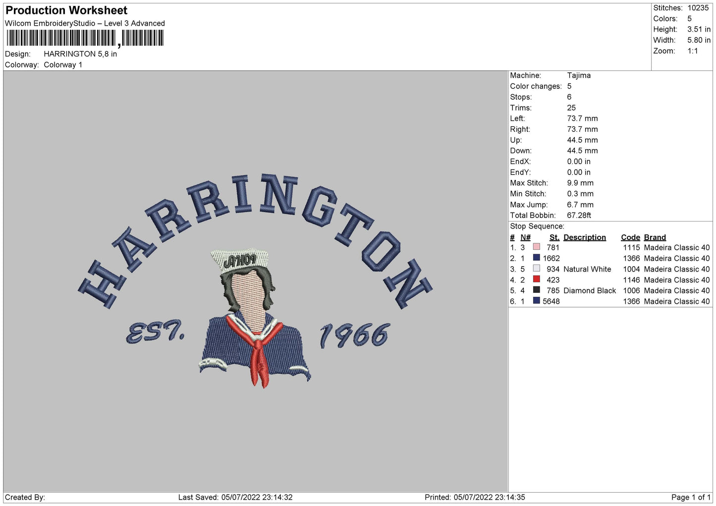 Harrington Embroidery File 4 sizes