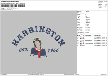 Harrington Embroidery File 4 sizes