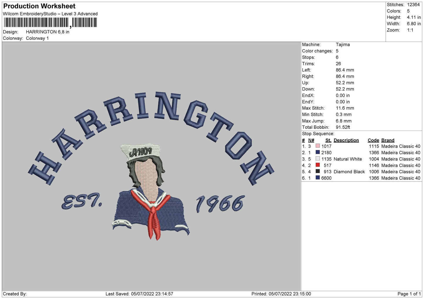 Harrington Embroidery File 4 sizes