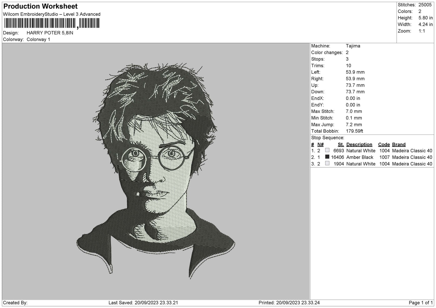 Harry P Bw Embroidery File 6 sizes