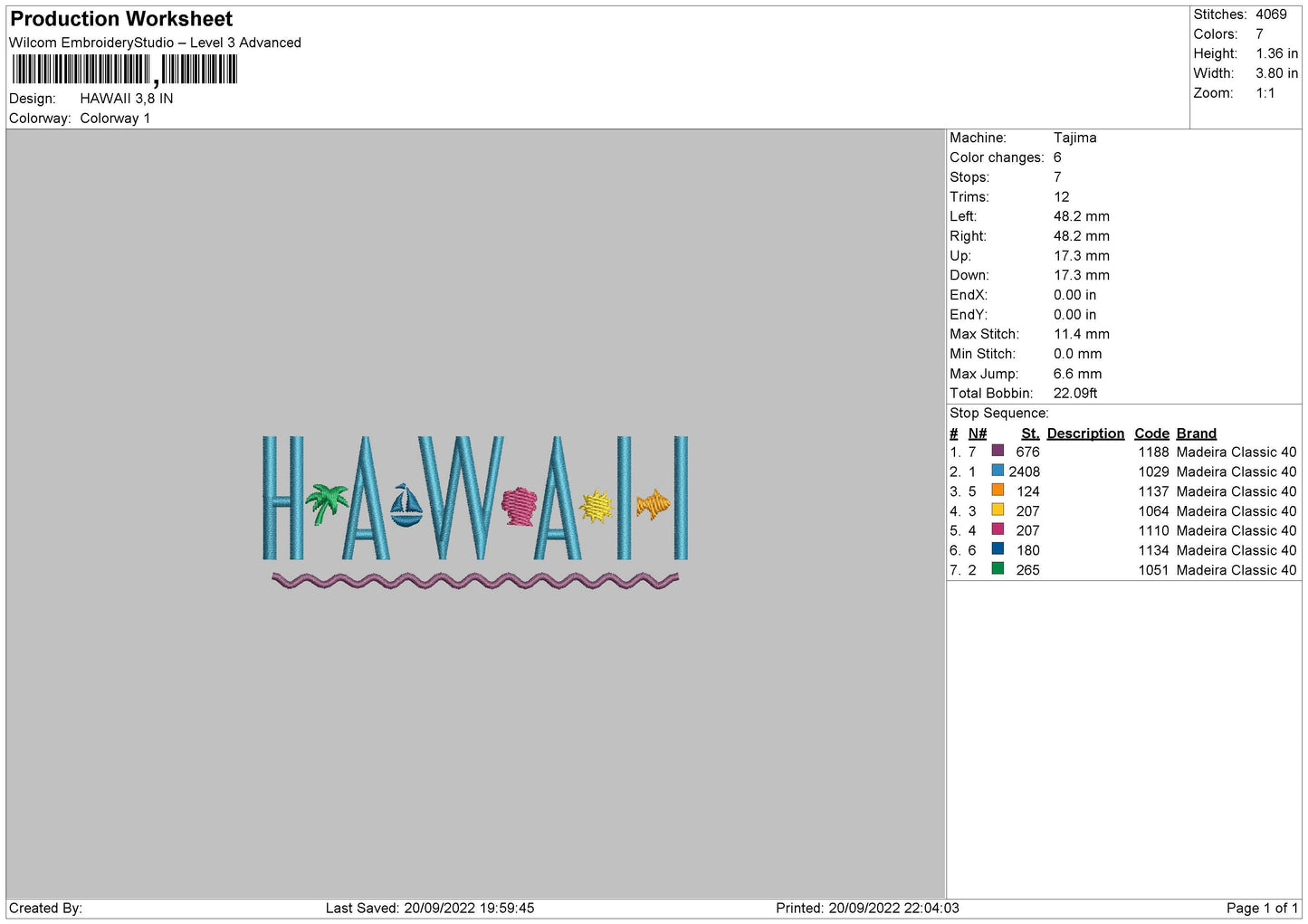 Hawaii Embroidery File 6 sizes