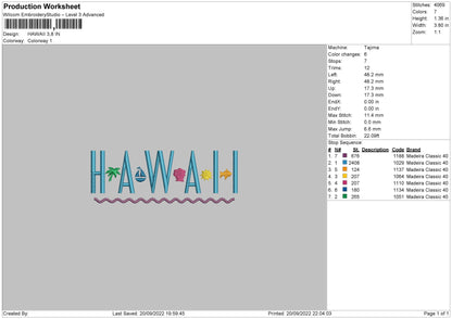 Hawaii Embroidery File 6 sizes