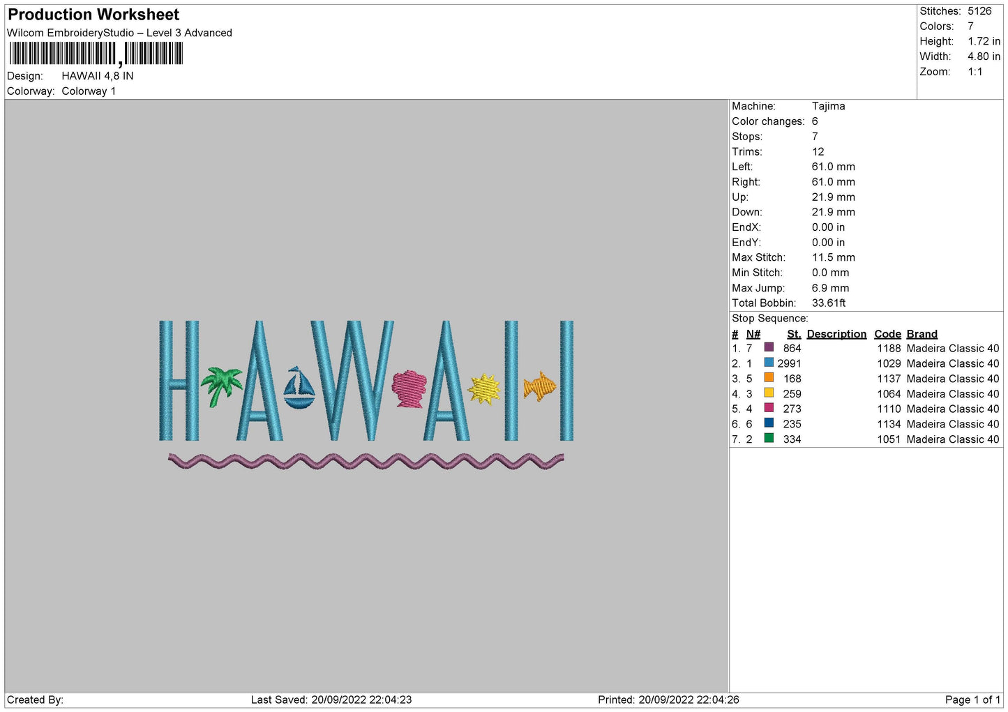 Hawaii Embroidery File 6 sizes
