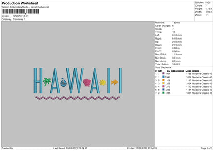 Hawaii Embroidery File 6 sizes