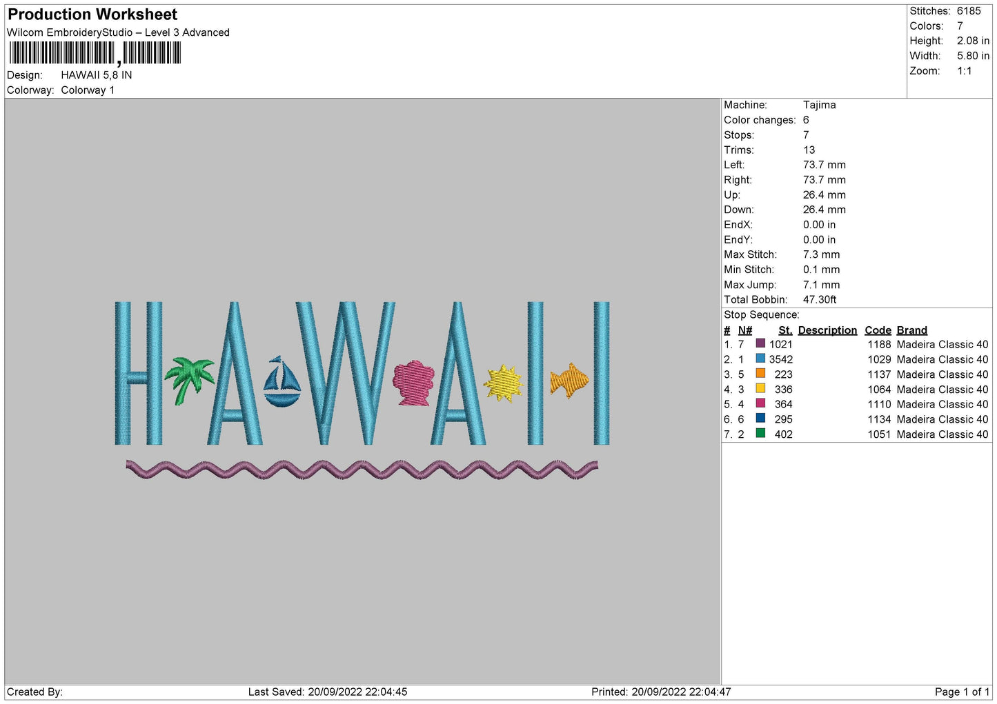Hawaii Embroidery File 6 sizes