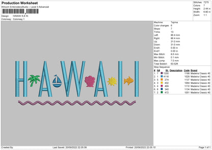 Hawaii Embroidery File 6 sizes