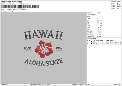 Hawaii Aloha State Embroidery File 6 Sizes