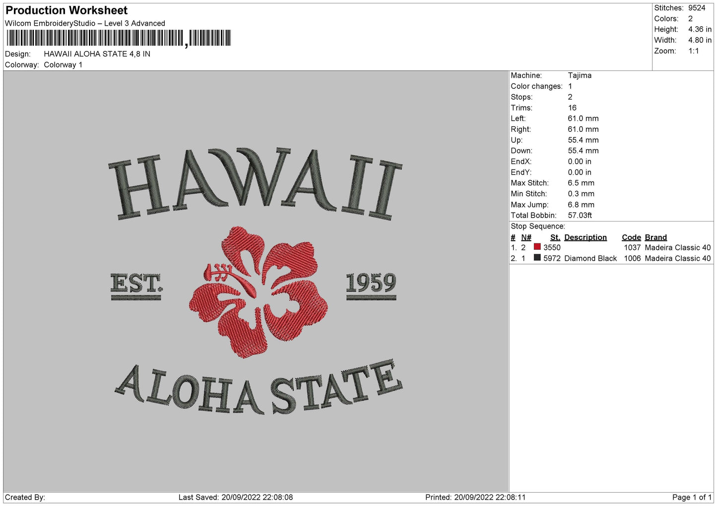 Hawaii Aloha State Embroidery File 6 Sizes