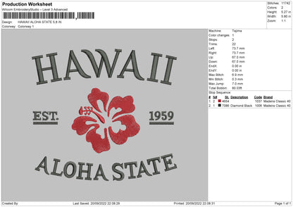 Hawaii Aloha State Embroidery File 6 Sizes