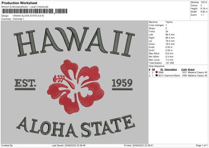 Hawaii Aloha State Embroidery File 6 Sizes