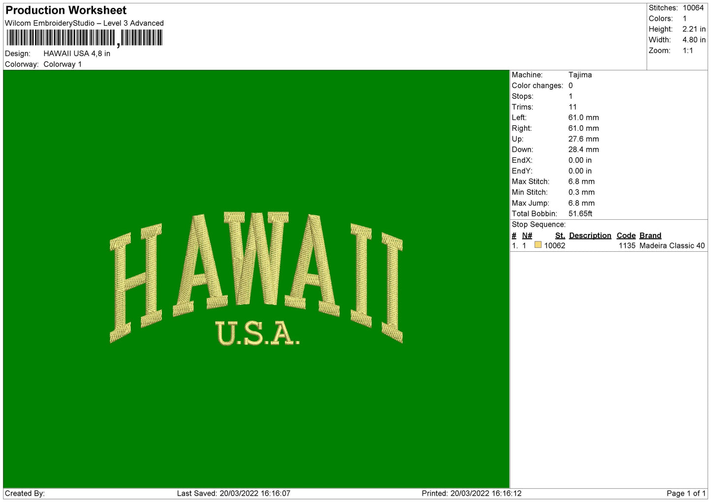 Hawaii USA Embroidery File 4 size