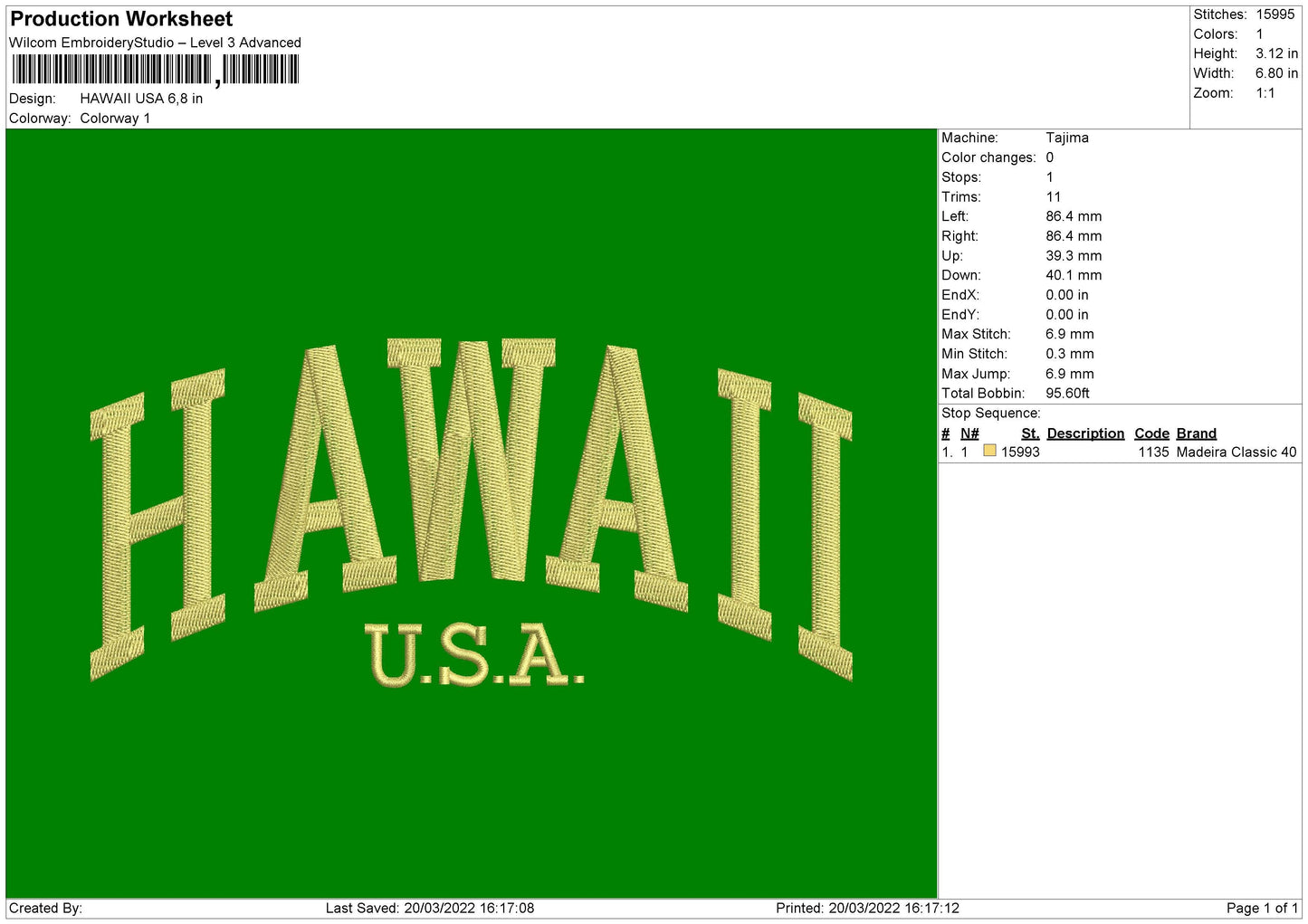 Hawaii USA Embroidery File 4 size