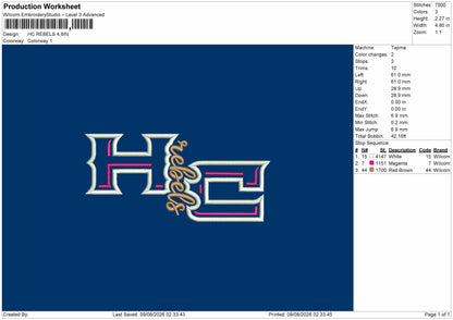 Hc Rebels Embroidery Machine Design File 6 sizes