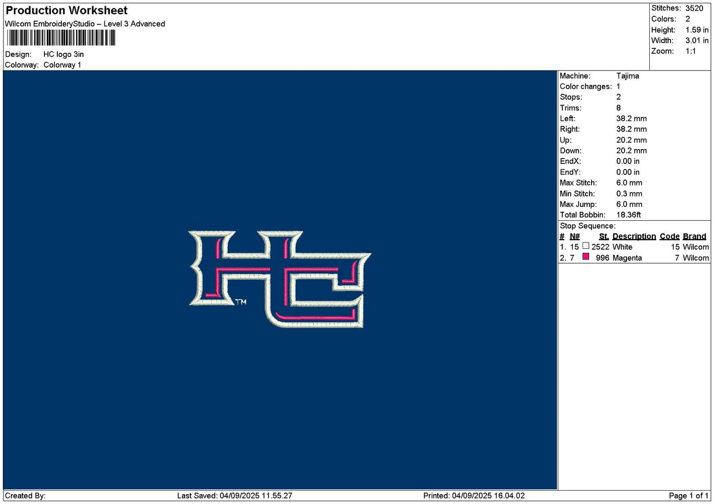Hctext Logo Embroidery File 6 sizes