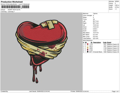 Heart Sick Embroidery File 4 sizes