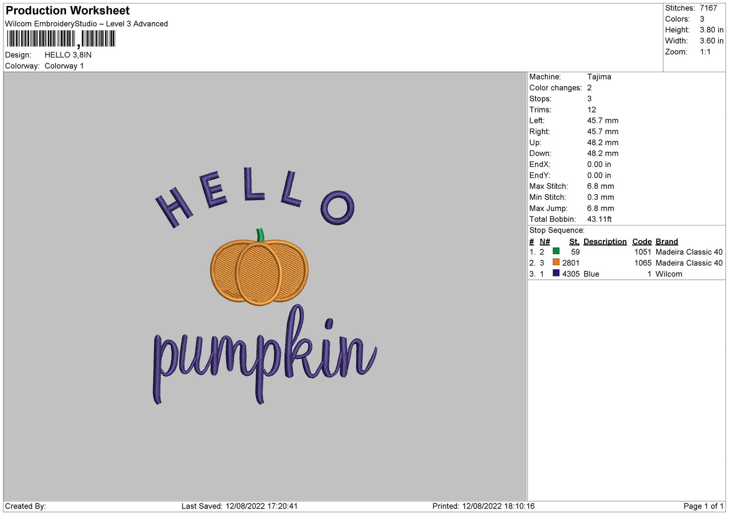 Hello Pumpkin Embroidery File 5 sizes