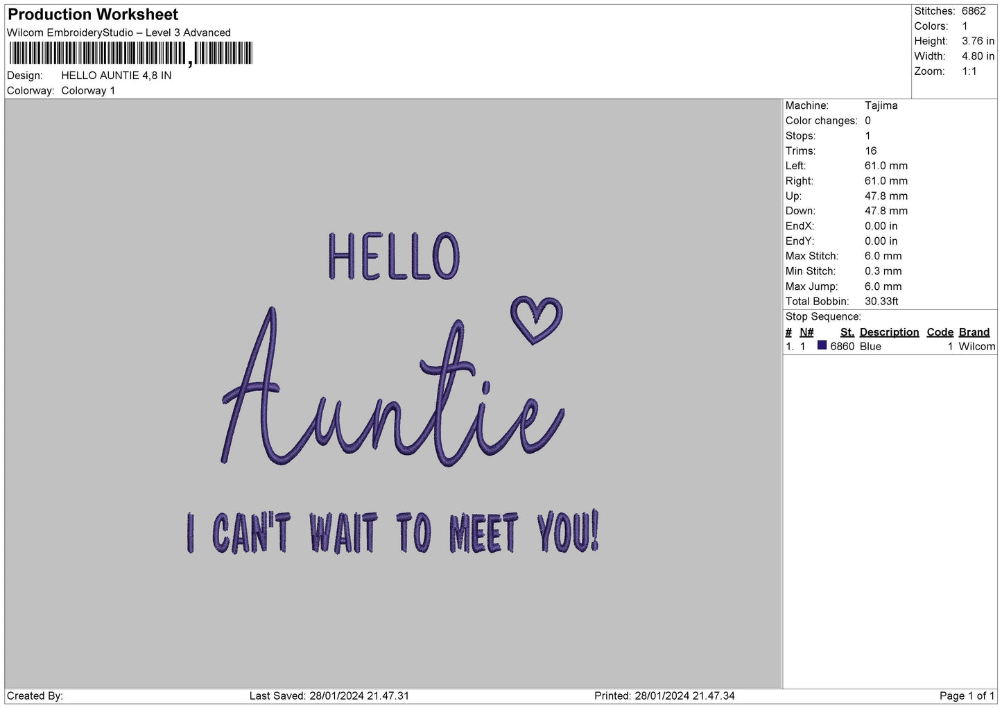 Auntie 2801 Embroidery File 6 sizes