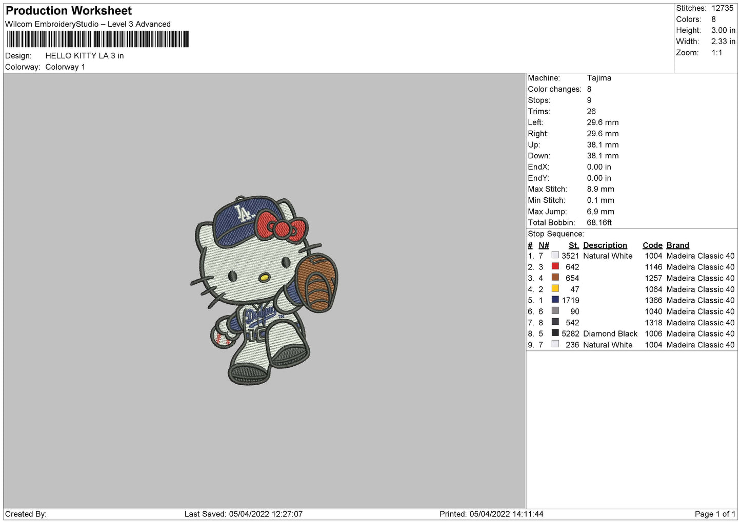 Hello Kitty LA Embroidery File 4 size