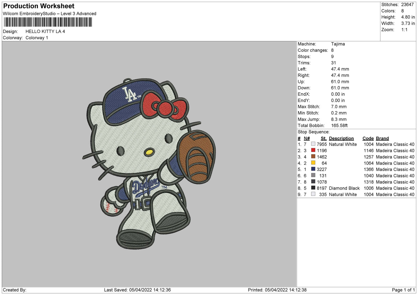 Hello Kitty LA Embroidery File 4 size