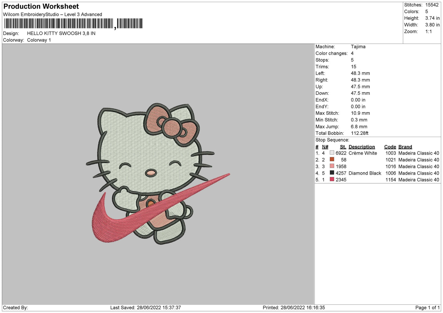 Hello Kitty Swoosh Embroidery File 4 sizes