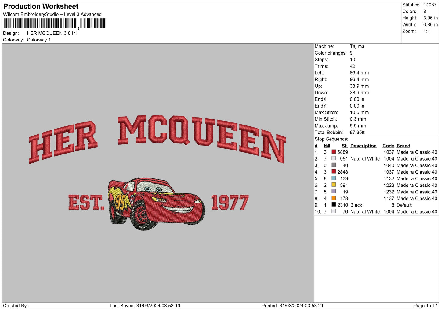 Mcqueen 3103 Embroidery File 6 sizes
