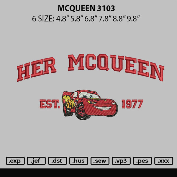Mcqueen 3103 Embroidery File 6 sizes