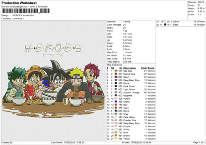 HEROES ANIME Embroidery File 6 size