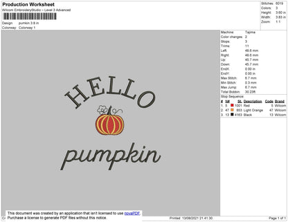 Hello Pumpkin Embroidery File 5 size