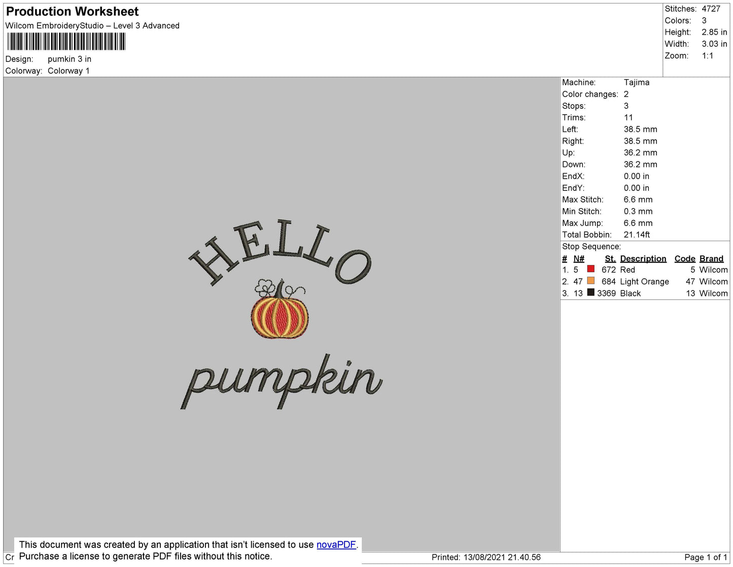 Hello Pumpkin Embroidery File 5 size