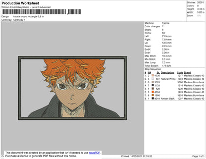 Hinata Shoyo Rectangle Embroidery File 4 size