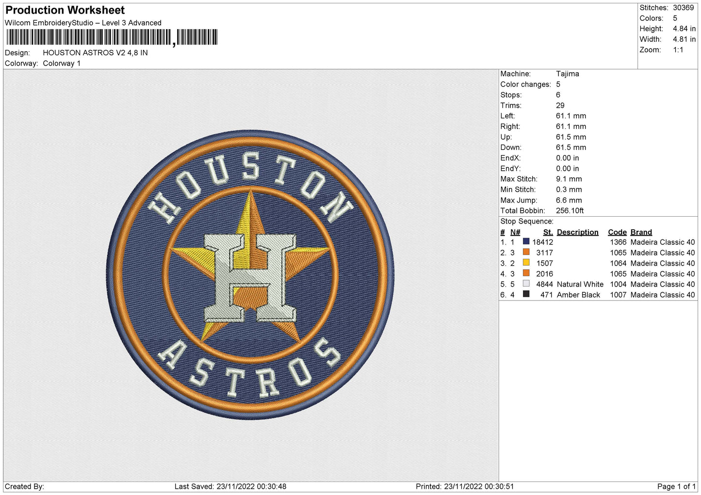 H Astros V2 Embroidery File 6 sizes