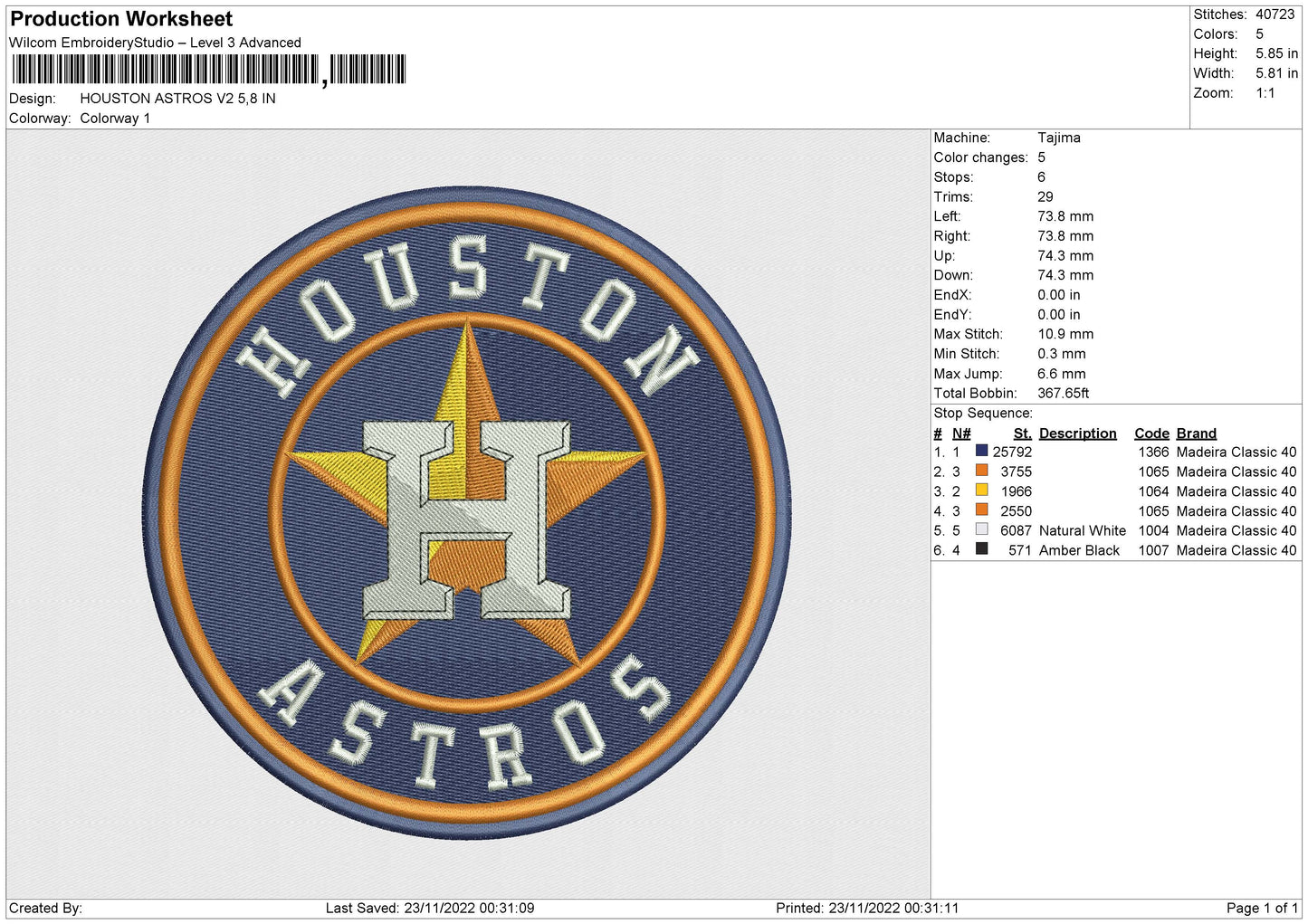 H Astros V2 Embroidery File 6 sizes