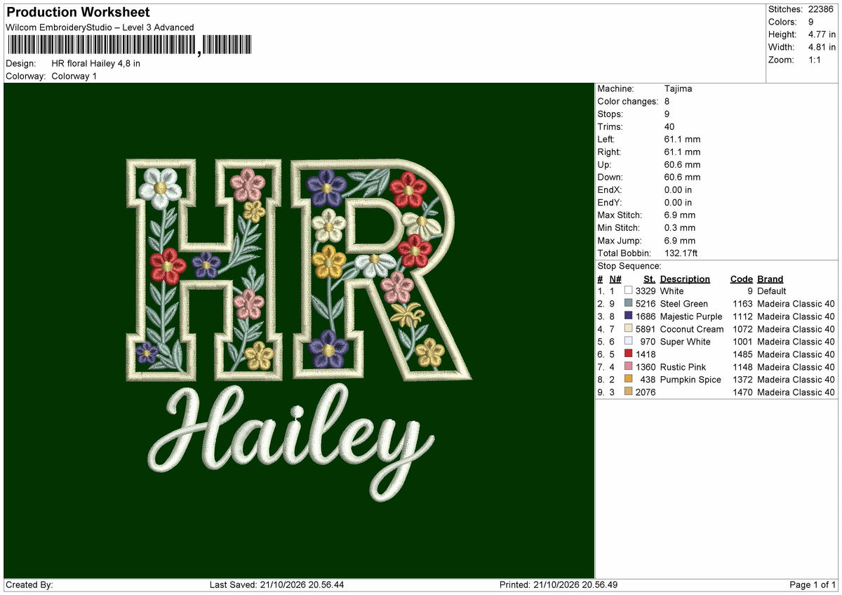 Hr Floral Text Embroidery Machine Design File 6 sizes