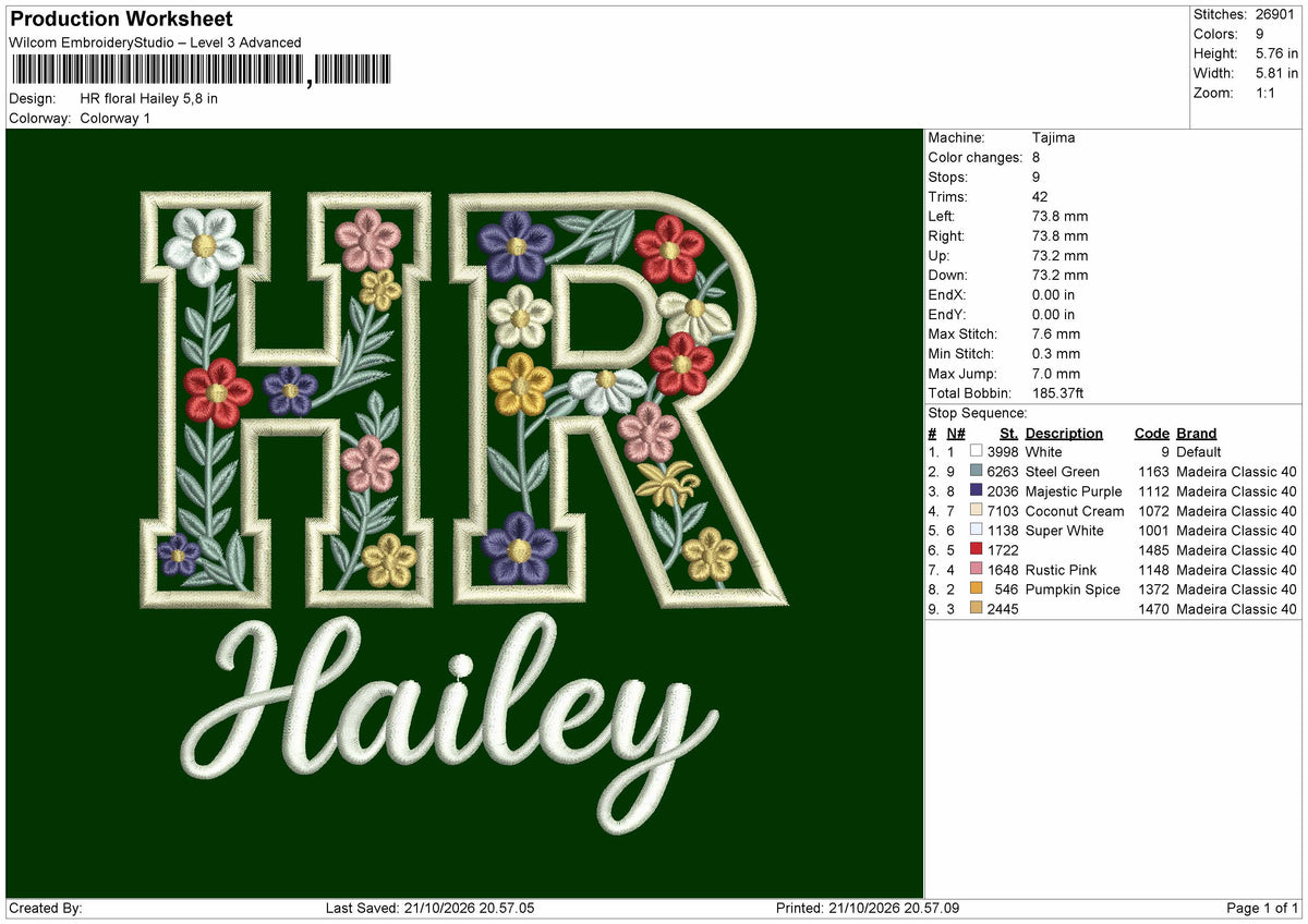 Hr Floral Text Embroidery Machine Design File 6 sizes