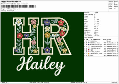 Hr Floral Text Embroidery Machine Design File 6 sizes