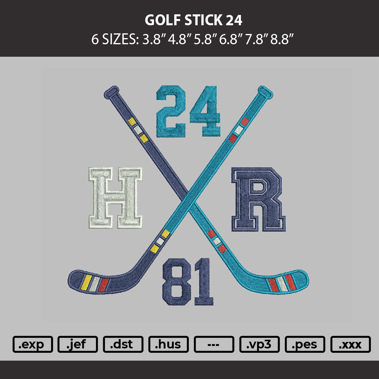 Golf Stick 24 Embroidery Machine Design File 6 sizes