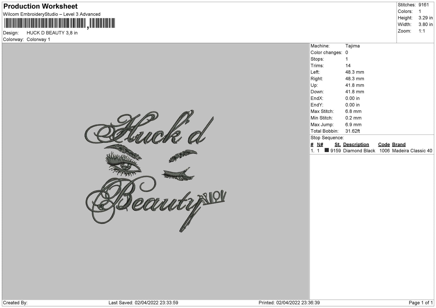 Huck D Beauty Embroidery File 4 size