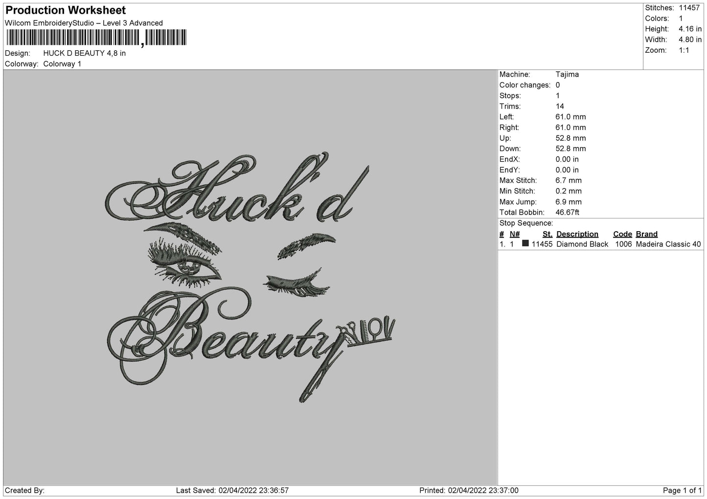 Huck D Beauty Embroidery File 4 size