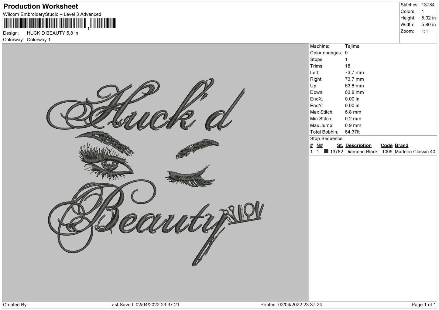 Huck D Beauty Embroidery File 4 size